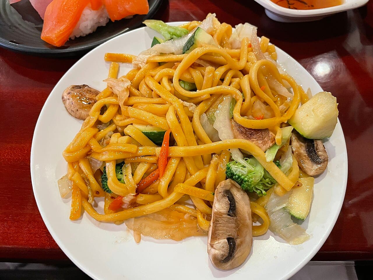 A plate of vegetable yakisoba -- the noodles are vegan, but most bottled sauces contain oyster and meat extract